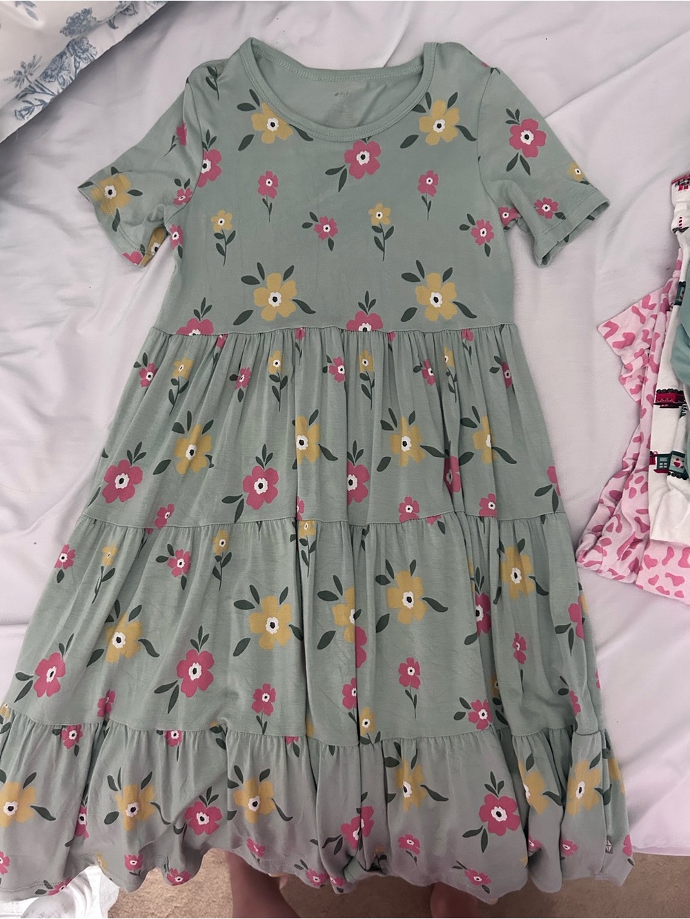 Kyte BABY Sage Green Floral Tiered Dress - Pink & Yellow Flowers